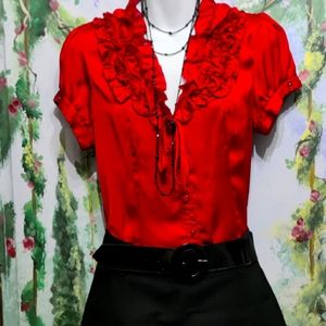 Red silk ruffle blouse